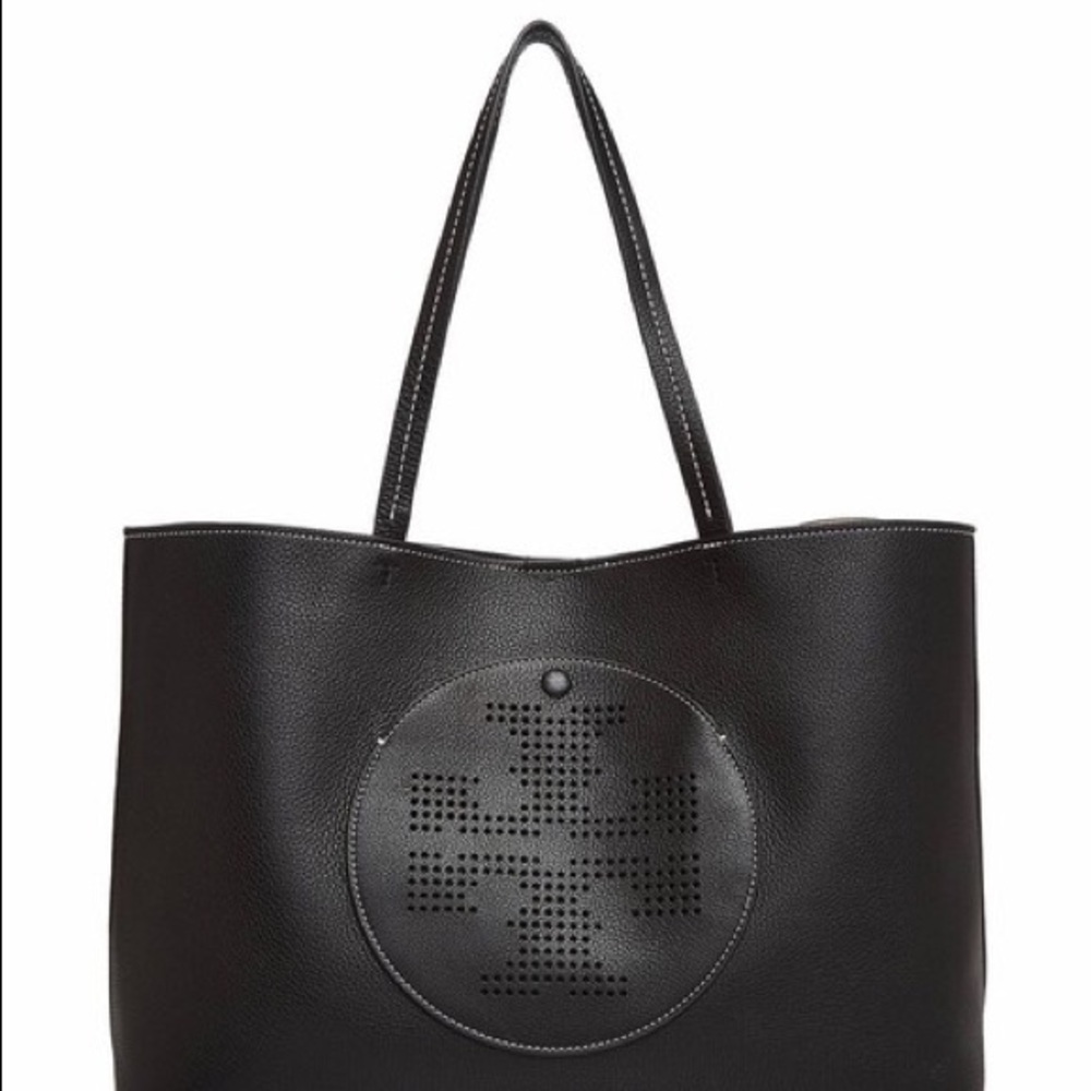 Tory Burch Perforated Logo Black Leather Tote